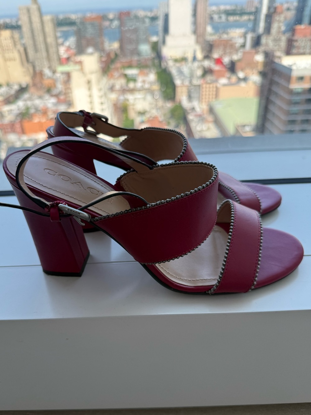 Coach Women's Red/Pink Leather Block Heel Sandals